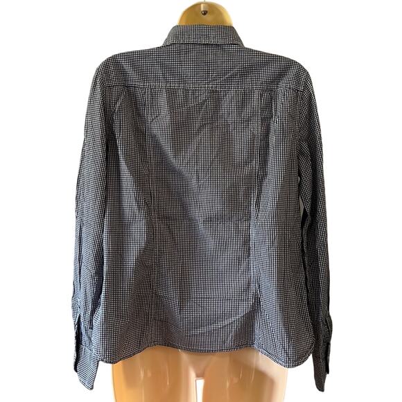 Navy Blue & White Gingham Check Blouse Woman Size Medium Preppy Button Up - Picture 3 of 8